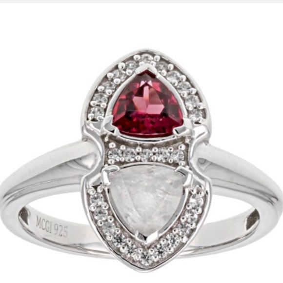 Raspberry Rhodolite and Rainbow Moonstone Sterling Silver Ring - NWT - Picture 1 of 14